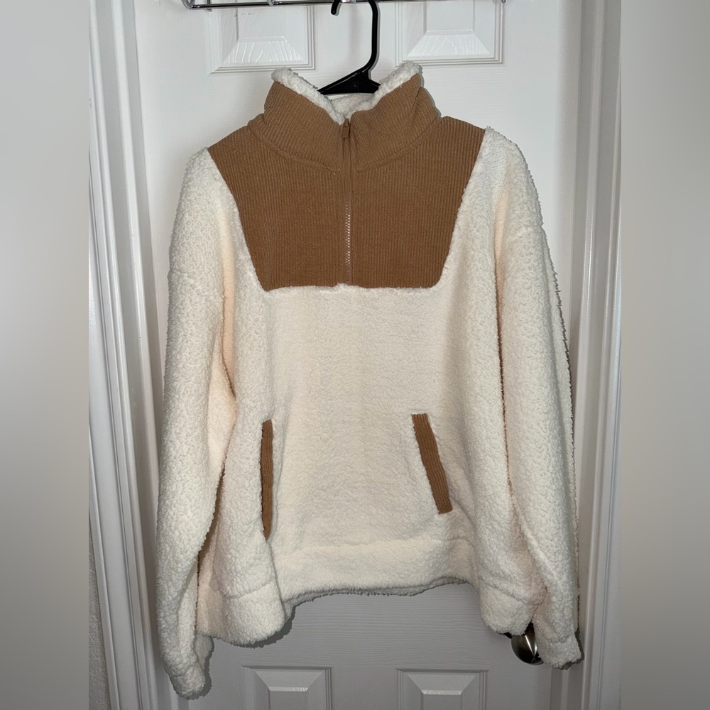 Time and Tru Cream Sherpa Half-Zip Pullover with Tan Accents